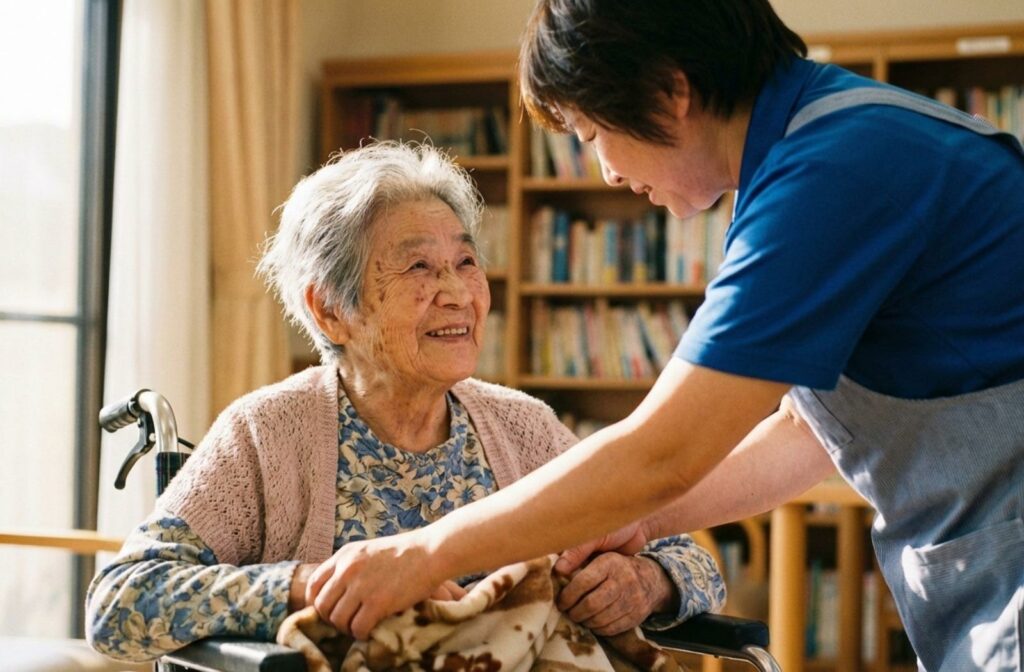 Smiling senior in a wheelchair interacting with a caregiver in a warm, sunlit room.