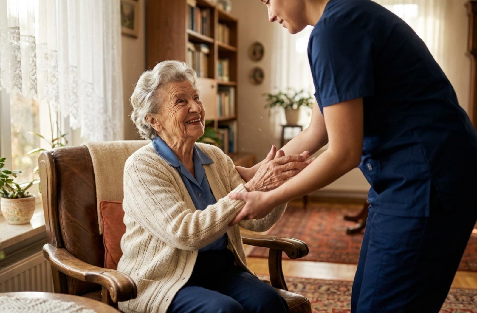 A smiling senior person is gently assisted out of an armchair by a caregiver in a bright living space.
