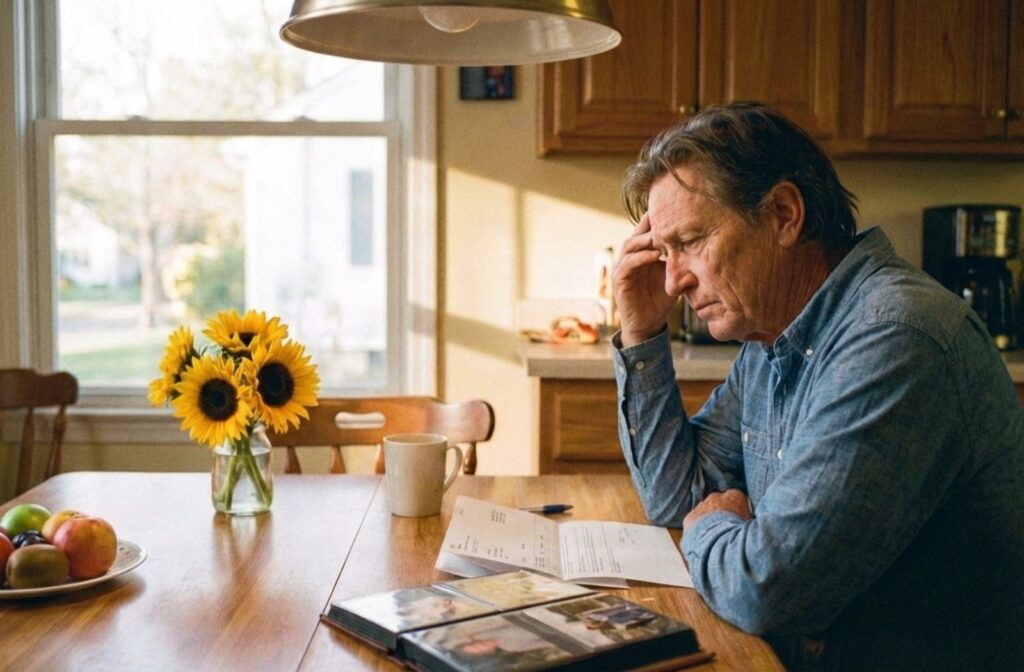 a caregiver sits at a kitchen table, stressed