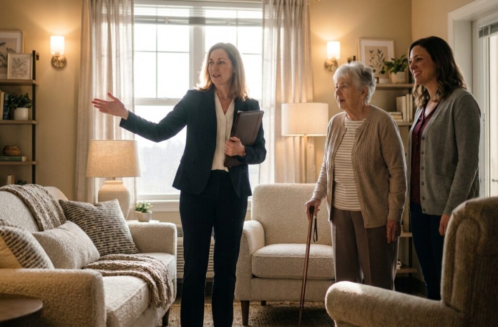 A staff member showing a furnished apartment to a senior person and a younger adult during a tour of an assisted living community.
