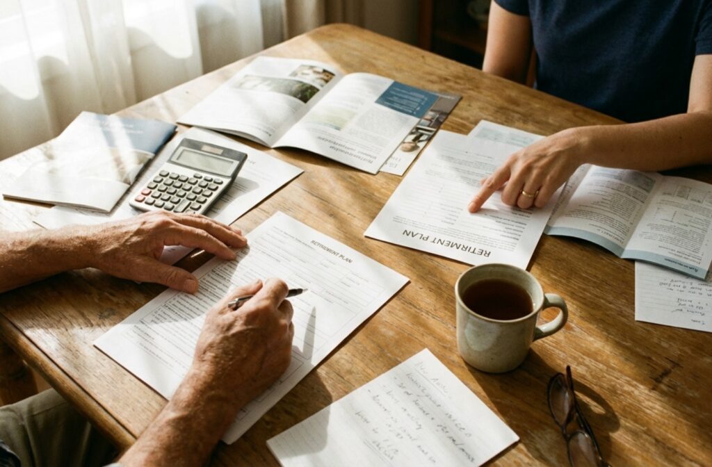 Two people review assisted living application paperwork and brochures at a table with a calculator and tea, focusing on the documents.