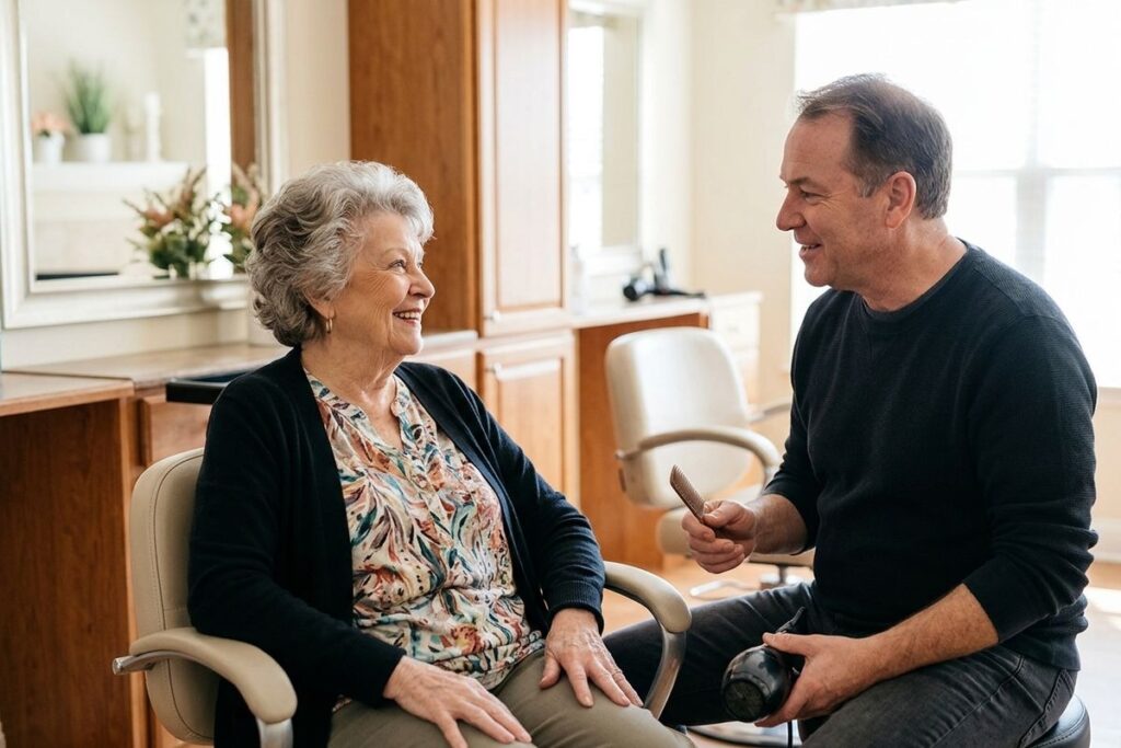 A smiling older adult sits facing a hairstylist holding a comb and hairdryer in a salon.