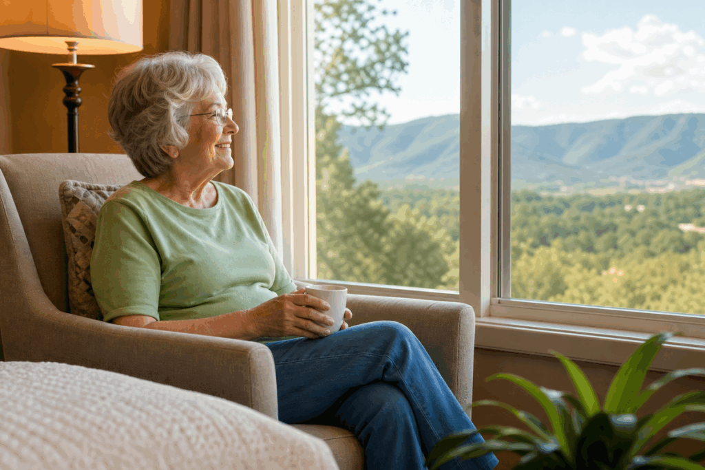 Older adult sitting in an armchair holding a mug, smiling while looking out a large window at forested mountains.