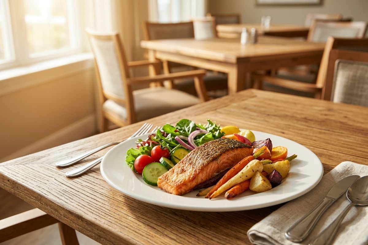 A plate holding a cooked salmon dish on a wooden table in a bright dining room.