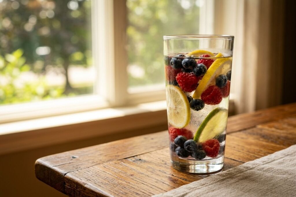 A tall glass of water filled with lemon slices, raspberries, and blueberries sits on a wooden table near a window.
