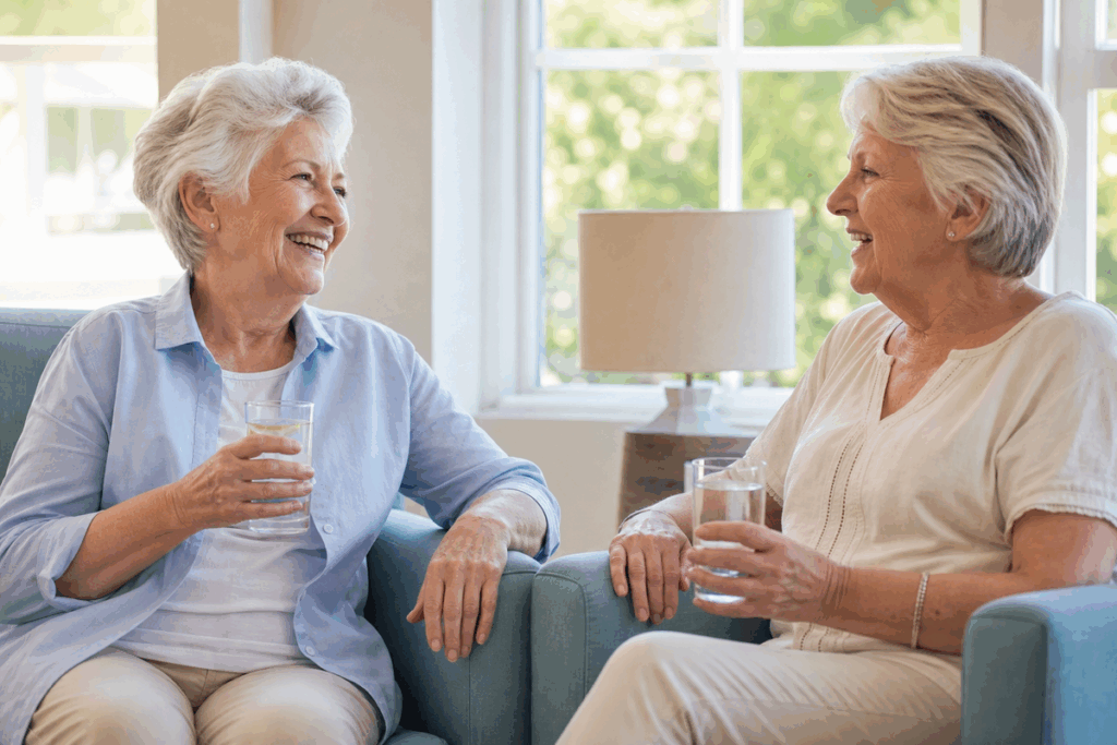 Two smiling older adults sit facing each other in blue armchairs indoors, holding glasses of water.