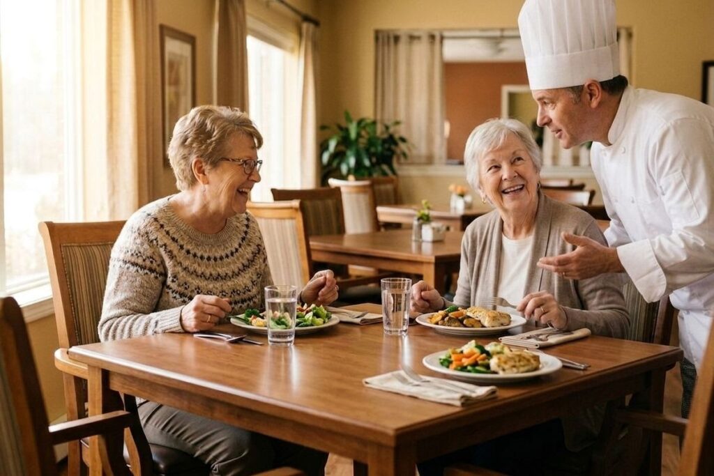 Chef talking with two older adults while they eat a meal at a dining table.